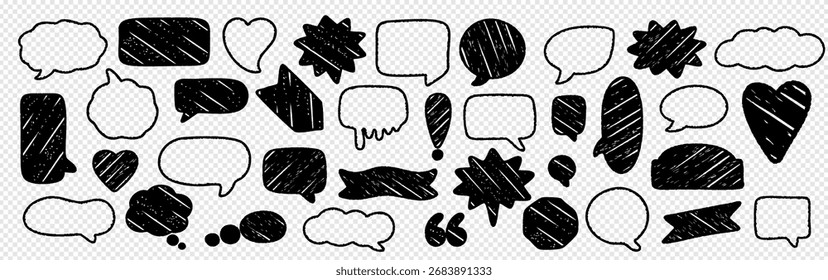 Tiza de texto de discurso de conversación de crayón con un conjunto de iconos de cómic de caja de marco de doodle. Ilustración vectorial de burbujas, bocetos de nubes, una forma de corazón, líneas de escritura a mano y un patrón de bg texturizado.