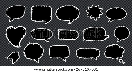 Crayon talk speech text chalk in a doodle frame box with rough edges. Crayon talk vector illustration of bubble shapes, a cloud sketch, a comic dialog label, and a graphic bg pattern.