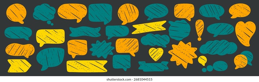 Crayon talk speech text frame box hand drawn doodle set. Crayon talk vector comic illustration with sketch bubble shapes, cartoon chat design, dialog label, texture sign and color bg elements.