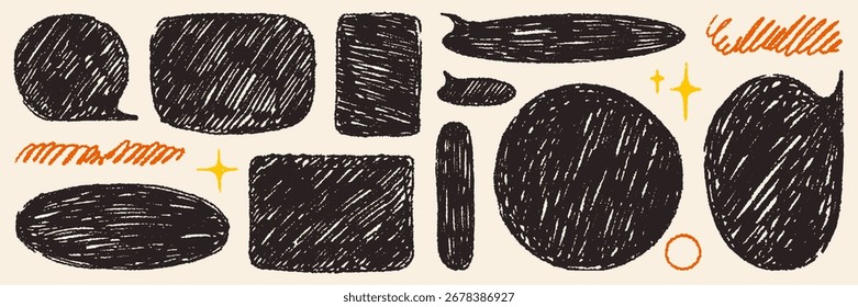 Caja de texto de crayón, tachado y forma de estrella. Burbuja de discurso de textura de carbón de color retro para collage, pegatina y Plantilla de diseño. Elementos de Vector vacíos para texto, mensaje.