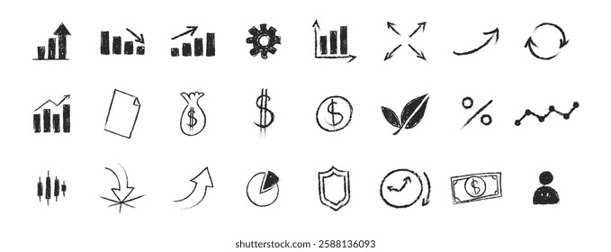 Crayon texture of Financial, Investment, Business and Economic elements, icons, and grunge silhouette and more