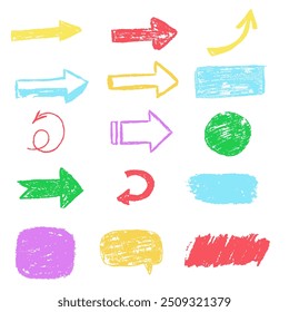 Crayon texture shapes, frame, arrow. Kids scribble color vector illustration isolated on white.	