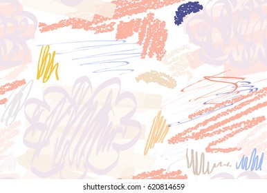 Crayon textured doodles with abstract clouds and marker brush.Abstract seamless pattern. Universal bright background for greeting cards, invitations. Had drawn ink and marker watercolor texture.