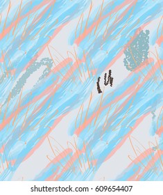 Crayon textured doodles with abstract trees and marker brush.Abstract seamless pattern. Universal bright background for greeting cards, invitations. Had drawn ink and marker watercolor texture.