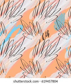 Crayon textured doodles with abstract trees and marker brush.Abstract seamless pattern. Universal bright background for greeting cards, invitations. Had drawn ink and marker watercolor texture.