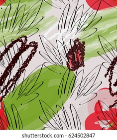 Crayon textured doodles with abstract trees and marker brush.Abstract seamless pattern. Universal bright background for greeting cards, invitations. Had drawn ink and marker watercolor texture.