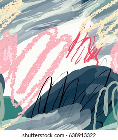 Crayon textured doodles with abstract trees and marker brush.Abstract seamless pattern. Universal bright background for greeting cards, invitations. Had drawn ink and marker watercolor texture.