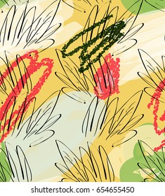 Crayon textured doodles with abstract trees and marker brush.Abstract seamless pattern. Universal bright background for greeting cards, invitations. Had drawn ink and marker watercolor texture.