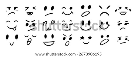 Crayon textured emoji faces set. Cartoon doodle emoticons with happy, sad, angry, and surprised emotions. Hand drawn vector illustration