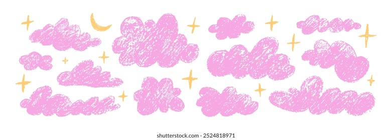 Conjunto de nubes y estrellas esponjosas con textura de crayón. Garabato de los niños, dibujo del bebé, pintura por tiza, boceto de lápiz de cera en estilo infantil doodle. Ilustración vectorial dibujada a mano aislada sobre fondo blanco