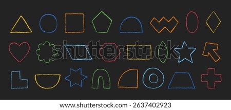 Crayon textured geometric figures collection. Outline basic shapes hand drawn with colored pencil. Silhouettes of pastel textured primitive elements. Vector illustration isolated on black background.