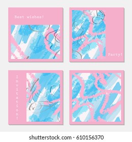 Crayon textured light pink strokes on blue.Hand drawn creative invitation greeting cards. Poster, placard, design templates. Anniversary, Birthday, wedding, party cards set of 4. Isolated on layer.