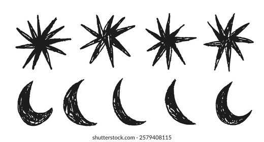 Crayon textured pencil stars hand drawn ink brush strokes and moon crescent doodle scribbles squiggles set collection 