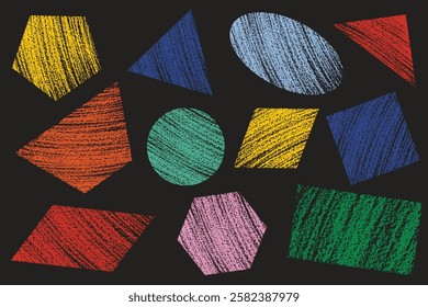 Crayon textured shapes. Color pencil hand drawn geometric figures. Vector square and circle abstract sketch. Chalk grunge collage with rectangle and triangle