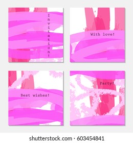 Crayon textured stokes bright pink.Hand drawn creative invitation greeting cards. Poster, placard, design templates. Anniversary, Birthday, wedding, party cards set of 4. Isolated on layer.