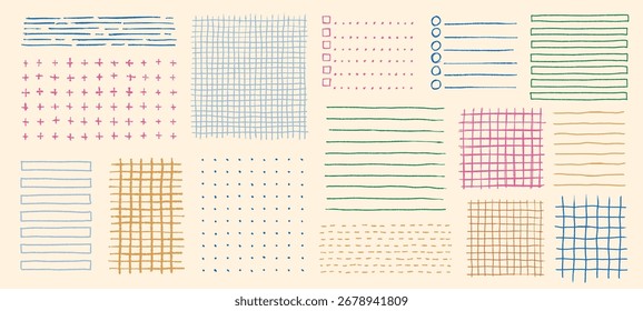 Farbstifte, Streifen, Punkte und Gitter für Noten. Farbige handgezeichnete geometrische Notizbuchseiten kariert und Linienmuster, Vektorkugelzapfenelemente