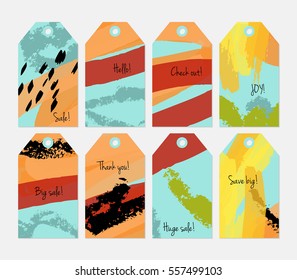 Crayon textured strokes and marker blue yellow orange tag set.Creative universal gift tags.Hand drawn textures.Ethic tribal design.Ready to print sale labels Isolated on layer.