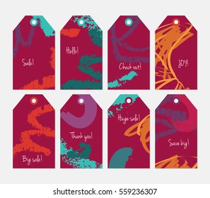 Crayon textured strokes and marker deep red orange tag set.Creative universal gift tags.Hand drawn textures.Ethic tribal design.Ready to print sale labels Isolated on layer.