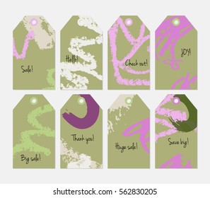 Crayon textured strokes and marker olive green purple tag set.Creative universal gift tags.Hand drawn textures.Ethic tribal design.Ready to print sale labels Isolated on layer.