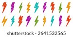 Crayon thunder doodle set. Chalk pencil lightning in sketch style. Hand drawn vector illustration isolated on white background.