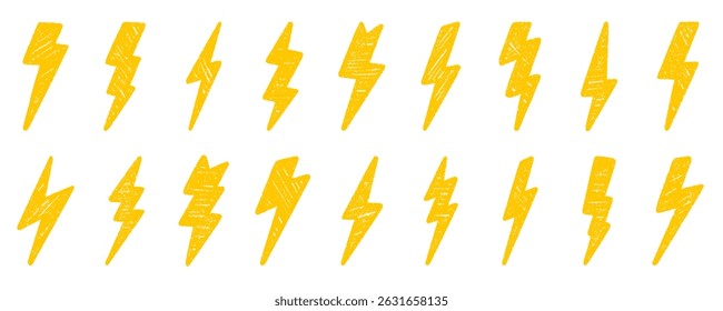 Crayon thunder doodle set. Chalk pencil lightning in sketch style. Hand drawn vector illustration isolated on white background.