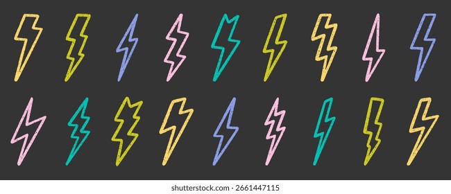 Crayon Donner Doodle Set. Kreide Bleistift Blitz im Skizzenstil. Handgezeichnete Vektorgrafik einzeln auf schwarzem Hintergrund.