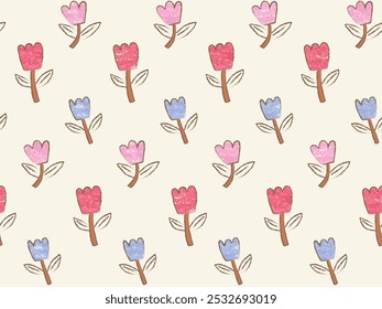 CRAYON TULIP FLOWER PADRÃO SEM COSTURA EM DOODLE STYLE.IDEAL PARA VESTIDO DE BEBÊ, BLUSAS, PAPEL DE PAREDE E PRESENTE EMBRULHANDO EM ARQUIVO VETORIAL