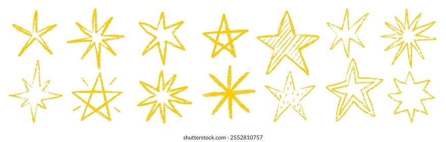 Crayon centellea, parpadea, fuegos artificiales, estrellas y símbolos brillantes en estilo de boceto. Figura de tiza amarilla grunge sobre un fondo blanco. Ilustración vectorial de textura.