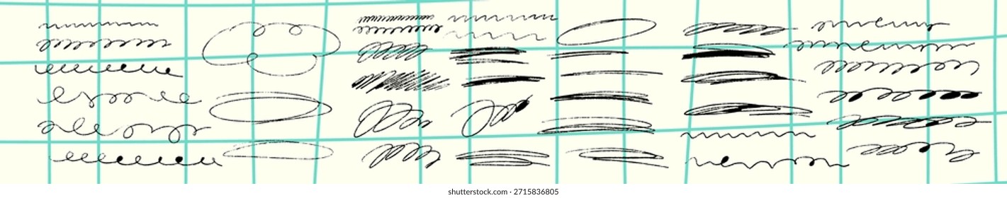 Crayon sublinhado e giz rabiscar linha coleção cheia de textura crua. Os traços de rabiscos naturais acrescentam uma vibração colorida e artística feita à mão.