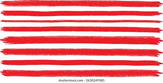 Buntstifte unterstreichen eine Kollektion roter, strukturierter horizontaler Pinselstriche - raue, unebene Linien mit unterschiedlicher Länge und Dicke. 