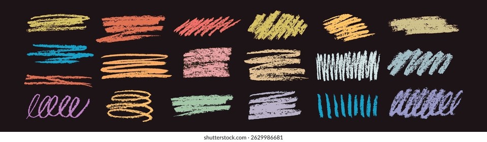 Crayon underline isolated on black background. Horizontal set colored wide strips crayon underline. Different colored rough highlighters, chalk marks, and pencil splits.