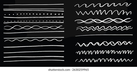 Conjunto de trazos texturizados negros con efecto de pincel áspero - líneas onduladas, guiones, puntos, patrones grunge en zigzag. 