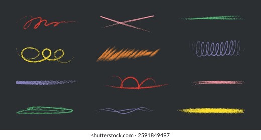 Crayon underline set. Children underlines, brush stroke, color lines of pencil. Hand drawn kids abstract collection for sketch, chalk texture. Isolated vector illustration.