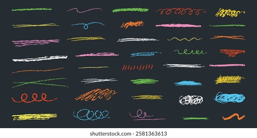 Crayon underline set. Color children underlines, brush stroke, lines of pencil. Hand drawn kids abstract collection for sketch, chalk texture. Isolated vector illustration.
