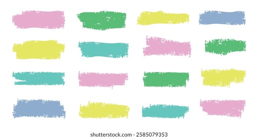 Crayon underline set. Color children underlines, brush stroke, lines of pencil. Hand drawn kids abstract collection for sketch, chalk texture. Isolated vector illustration.
