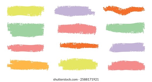 Crayon underline set. Color children underlines, brush stroke, lines of pencil. Hand drawn kids abstract collection for sketch, chalk texture. Isolated vector illustration.