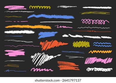Crayon underline set  of hand-drawn, colorful underlines made with crayon texture. Includes wavy, straight, and scribbled styles in various vibrant colors.