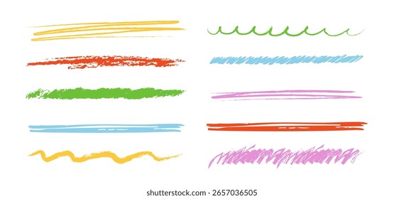 Crayon underline set, pencil chalk kid free hand brush texture. Scribble grunge border simple thin and thick lines. Doodle mark.