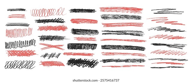 Crayon underline set. Pencil scribble lines pack. Vector hand drawn charcoal brush stroke illustration isolated. Red and black highlights handwritten shape elements. Chalk emphasis figures.