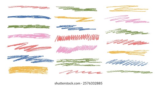 Crayon underline set. Pencil scribble lines pack. Vector hand drawn brush stroke collection illustration isolated on white background. Kids highlights handwritten shape elements. Chalk emphasis figure