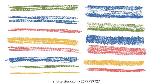 Crayon underline set. Pencil scribble lines pack. Vector hand drawn straight brush stroke collection illustration isolated on white background. thin and thick dividers. Highlights handwritten elements