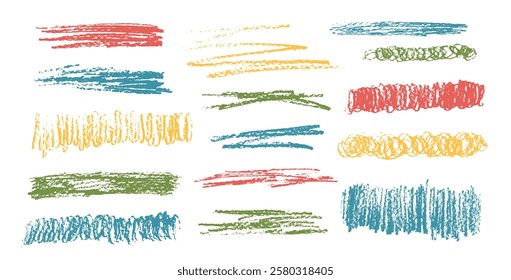 Crayon underline set. Pencil scribble lines pack. Vector hand drawn brush stroke collection illustration isolated on white background. Kids highlights handwritten shape elements. Chalk emphasis figure