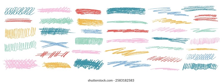 Crayon underline set. Pencil scribble lines pack. Vector hand drawn brush stroke collection illustration isolated on white background. Kids highlights handwritten shape elements. Chalk emphasis figure