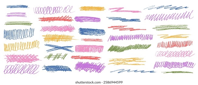 Crayon underline set. Pencil scribble lines pack. Vector hand drawn brush stroke collection illustration isolated on white background. Kids highlights handwritten shape elements. Chalk emphasis figure