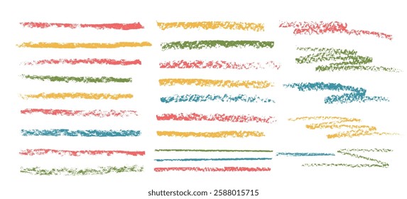 Crayon underline set. Pencil scribble lines pack. Vector hand drawn multi colors brush stroke collection illustration isolated on white background. Kids highlights handwritten shape elements.