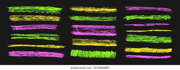 Crayon underline set. Pencil straight scribble lines pack. Vector hand drawn neon colors brush stroke collection illustration isolated on dark background. Kids highlights handwritten shape elements.