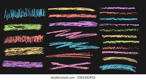 Crayon underline set. Pencil straight scribble lines pack. Vector hand drawn neon colors brush stroke collection illustration isolated on dark background. Kids highlights handwritten shape elements.