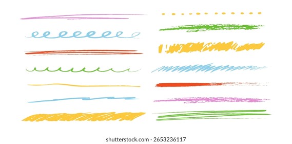 Crayon underline set, pencil wavy and straight chalk kid free hand brush texture. Scribble grunge border simple thin and thick lines. Doodle mark.