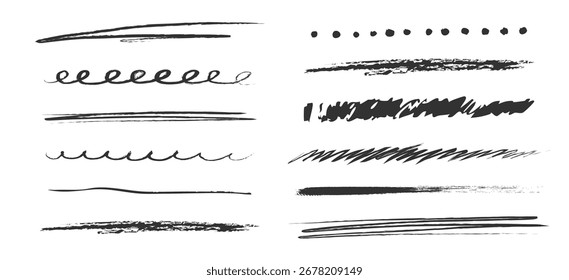 Conjunto de subrayado de crayón, lápiz ondulado y tiza recta textura de cepillo de mano libre para niños. Garabatear borde grunge líneas simples, delgadas y gruesas. Marca Doodle.
