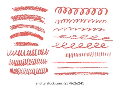 Crayon underline set. Red pencil scribble lines. Vector hand drawn brush stroke collection illustration isolated on white background. Kids highlights handwritten shape elements. Chalk emphasis figure.